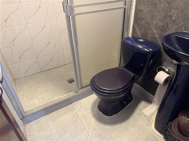 eco-hotel-gaia-12 - Hoteles en el Quindío Eje Cafetero, Alojamientos, Alquiler de fincas Dark blue toilet beside a shower enclosure in a small bathroom, with toilet paper on a holder.