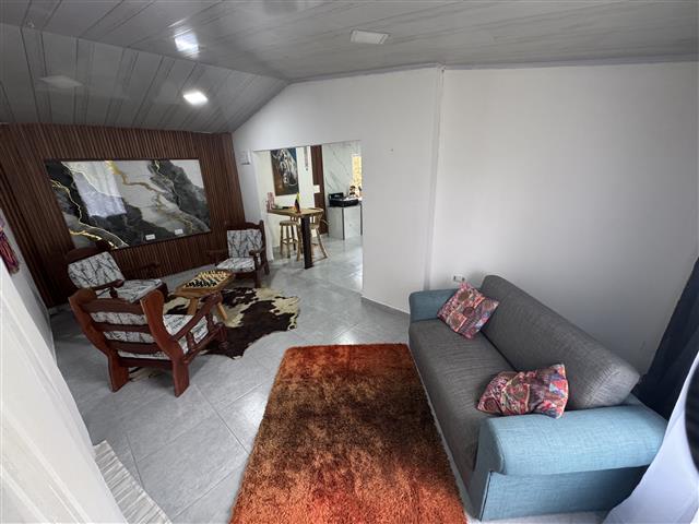 eco-hotel-gaia-15 - Hoteles en el Quindío Eje Cafetero, Alojamientos, Alquiler de fincas Cozy living room with a gray sofa and blue arms, orange rug, and wooden chairs around a coffee table; large wall art on a wood-paneled wall and a doorway to a dining area.